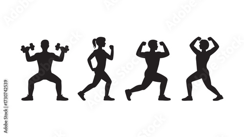 Silhouette of people exercising fitness training with dumbbells and lunges vector illustration isolated on white background