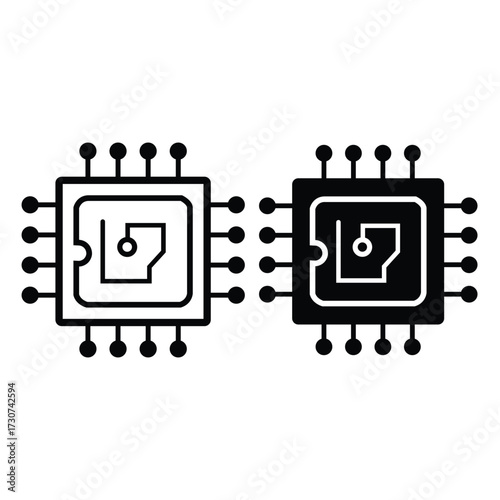 Simple vector icons in outline and solid black style depicting a cpu microchip for computer hardware, data processing, and electronic technology