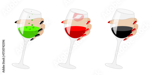 Hand holding a glass. Set of isolated vector illustrations