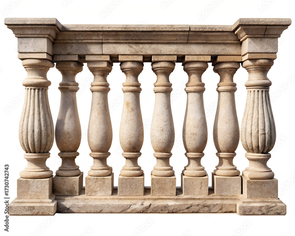 Fototapeta premium Stone balustrade with decorative pillars isolated on transparent background