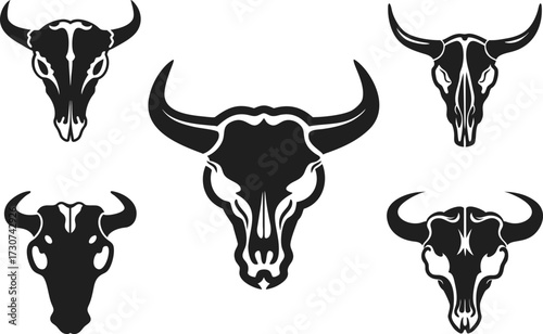 Bull Skull Silhouette Vector Set Vintage Cow Skull with Horns, Buffalo Bison Ox Head Tribal Symbol, Western Cowboy Rodeo Ranch Illustration, Rustic Desert Tattoo Style