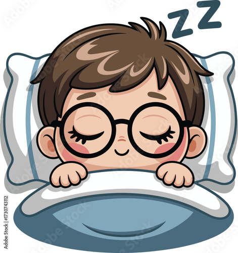 Cartoon child sleeping in bed, peaceful expression with glasses, blue blanket and pillow, bedtime rest pose, flat vector illustration
