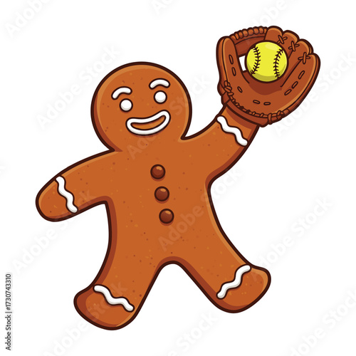 Gingerbread man catching a baseball in a mitt on a white background cookie christmas