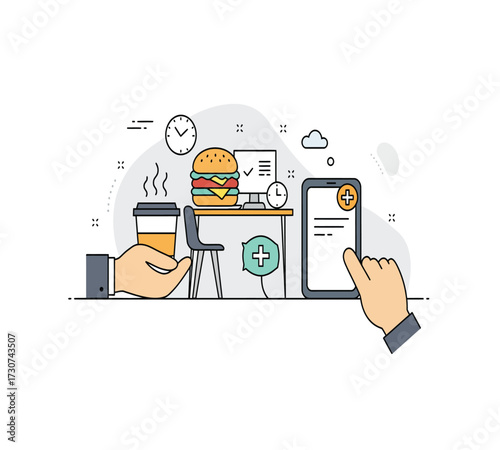 Illustration of a healthy lifestyle with a coffee cup, a red mug, a burger, a leaf, a computer, a trash can, a lamp, and a smartphone concept of balance and wellbeing
