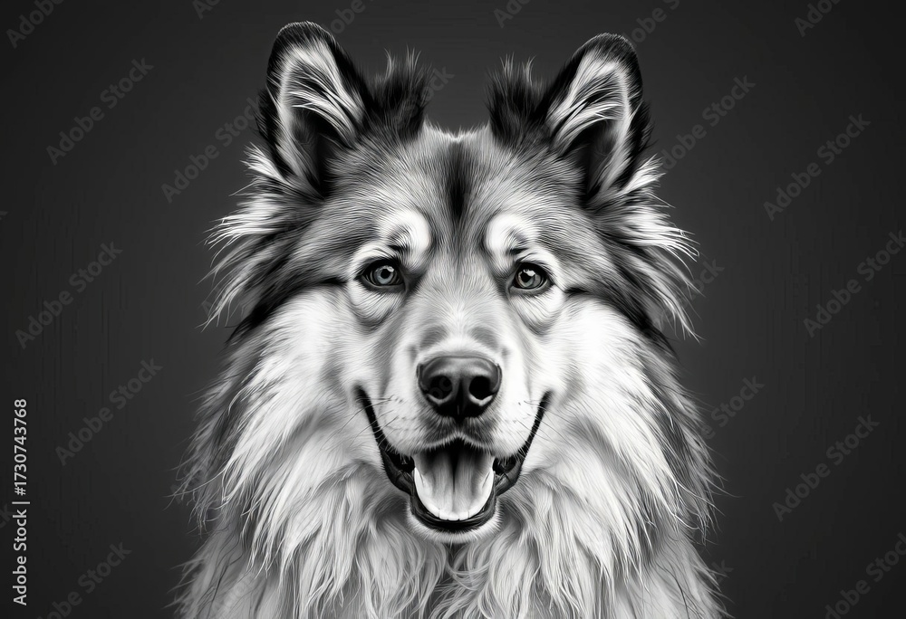 Naklejka premium Elegant Eurasier dog portrait, black and white, expressive eyes, breed, eyes
