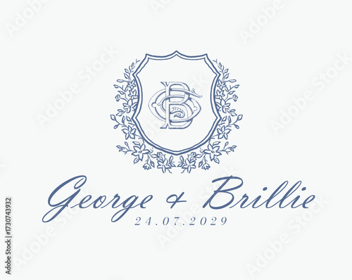 Wedding logo monogram crest vector design royal style blue color illustration monogram crest
