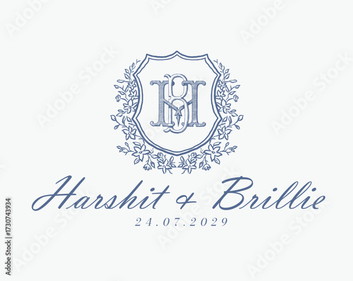 Wedding logo monogram crest vector design royal style blue color illustration monogram crest
