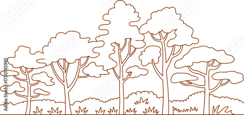 Architectural style minimal tree line drawing in CAD style, side view silhouette of wetland forest section. Clean vector line art illustration with separate 