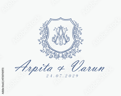 Wedding logo monogram crest vector design royal style blue color illustration monogram crest