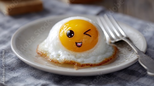 Anthropomorphic egg. Winking expression. Breakfast time humor