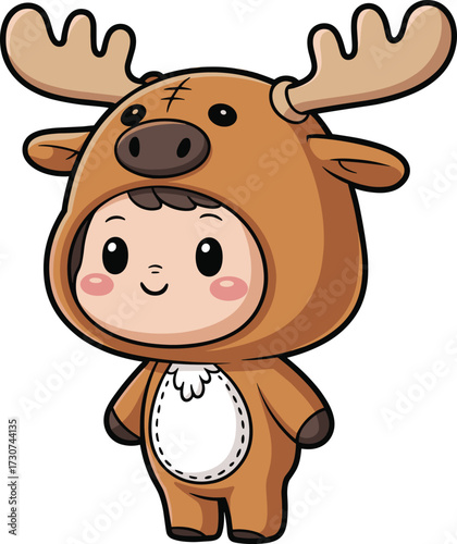Cartoon child in reindeer costume, festive winter character with antlers and rosy cheeks, holiday theme pose, flat vector illustration