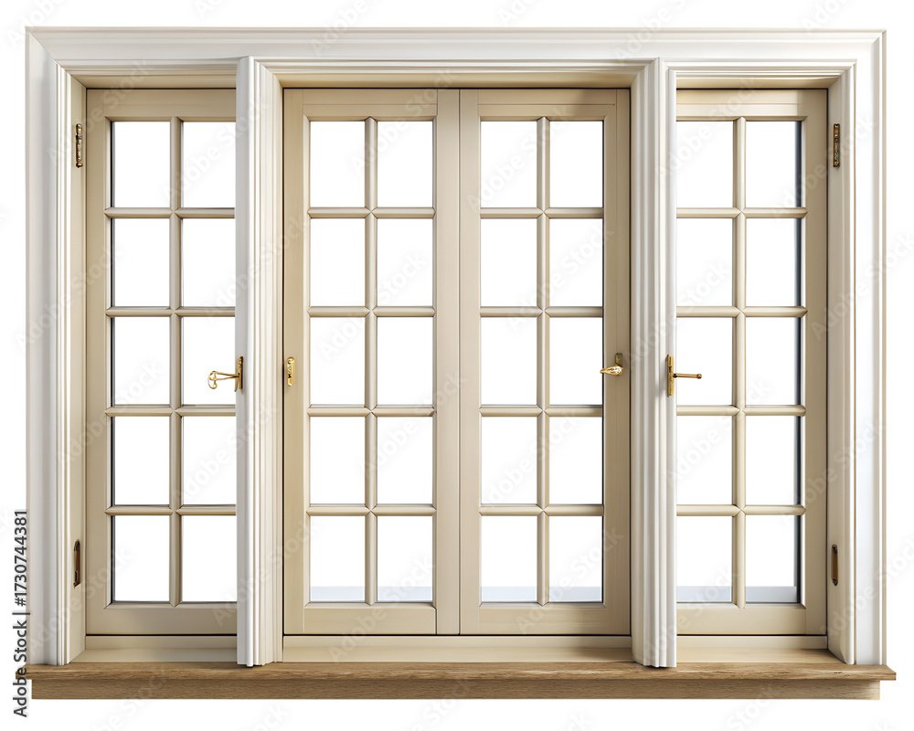 Fototapeta premium Elegant french doors with glass panes and brass handles, isolated on transparent background