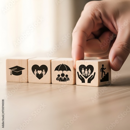 Hand arranging wooden blocks with icons representing education family insurance and community support