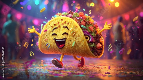 Laughing taco performing festive salsa dance moves