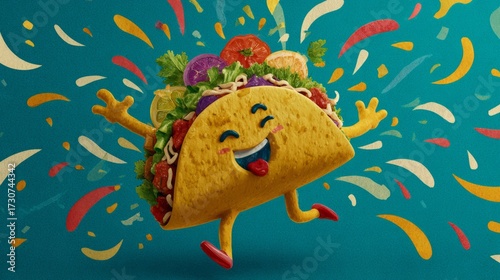 Laughing taco performing festive salsa dance moves