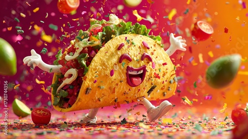 Laughing taco performing festive salsa dance moves