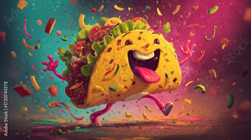 Laughing taco performing festive salsa dance moves