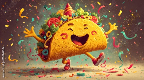Laughing taco performing festive salsa dance moves