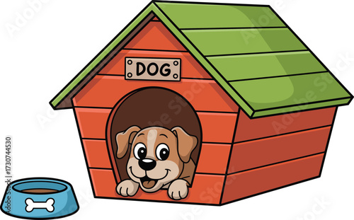 Cartoon dog in red and green doghouse, happy expression, blue food bowl with bone icon, flat vector illustration for kids