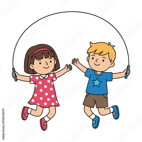 Happy cartoon children jumping rope together, active play and friendship concept