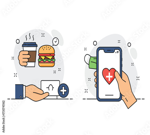 Illustration of a healthy lifestyle with a coffee cup, a red mug, a burger, a leaf, a computer, a trash can, a lamp, and a smartphone concept of balance and wellbeing