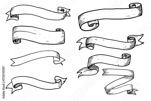 Hand Drawn Ribbon Banners Collection With Swirls And Curls vector