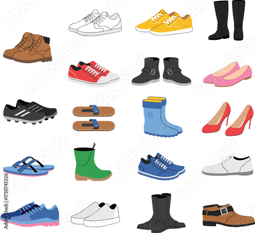 Cartoon footwear collection, various shoe styles including boots, sneakers, sandals, heels, dress shoes, fashion icons set, flat vector illustration