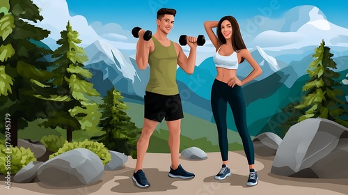Fit Young Man and Woman Exercising Outdoors in a Scenic Mountain Environment