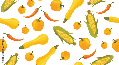 A vibrant seamless pattern of fresh yellow vegetables including corn squash and chili peppers.
