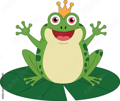 Cartoon frog prince with golden crown, joyful smile, sitting on lily pad, green body, red eyes, flat vector illustration for kids