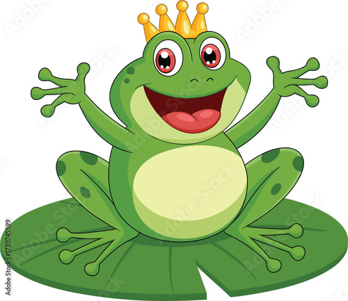 Cartoon frog prince with crown, sitting on lily pad, joyful expression, red eyes, green body, flat vector illustration for kids