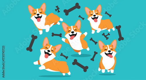 Five happy corgis playing with bones in the air.