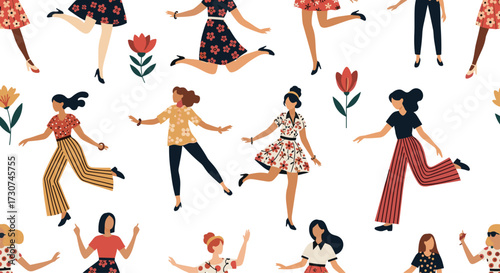 A cheerful collection of women dancing and enjoying flowers.