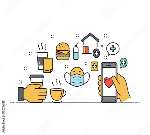 Illustration of a healthy lifestyle with a coffee cup, a red mug, a burger, a leaf, a computer, a trash can, a lamp, and a smartphone concept of balance and wellbeing