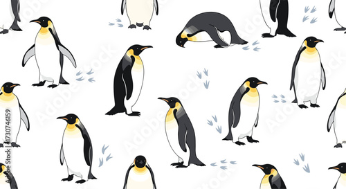 A charming pattern featuring emperor penguins waddling and playing in the snow.