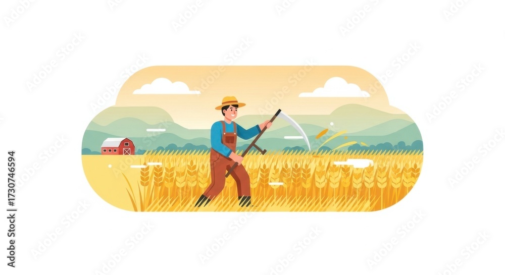 Fototapeta premium Farmer working in a wheat field, harvesting crops with a scythe, rural landscape with barn and mountains.