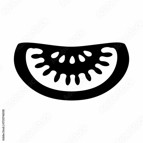 Graphic stylized half sliced tomato vegetable art, simple black and white design