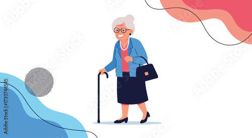 An elderly woman with a cane and a handbag walks confidently forward.