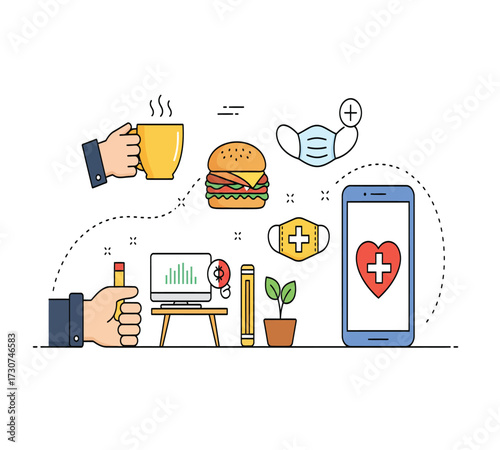 Illustration of a healthy lifestyle with a coffee cup, a red mug, a burger, a leaf, a computer, a trash can, a lamp, and a smartphone concept of balance and wellbeing