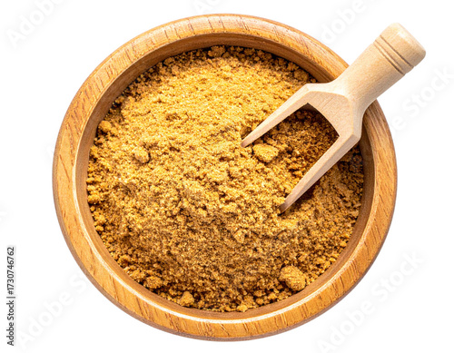 Golden Jaggery Powder in Wooden Bowl Isolated PNG.