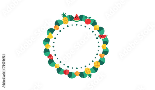 A circular frame decorated with stylized fruit illustrations, including watermelon, pineapple, apple, and other tropical fruits, on a white background.