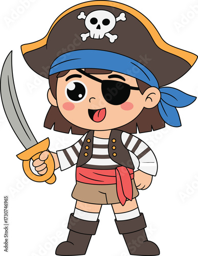 Cartoon pirate child with sword, cute costume character, playful adventure theme, skull hat, eye patch, flat vector illustration