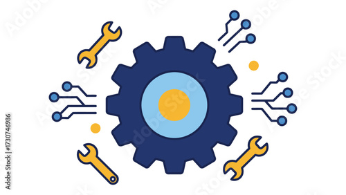Gear configuration icon with tools and system process flow