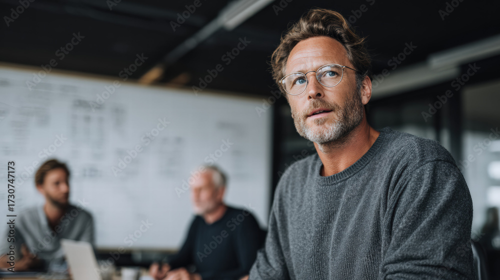 Fototapeta premium Confident entrepreneur, casual office, brainstorming, creative, thoughtful Confident