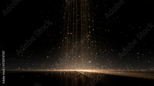 Golden stage light beams shine down with sparkling glitter, creating magical, festive atmosphere