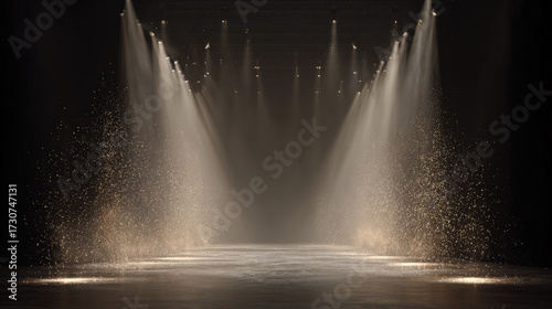 Stage opening golden stage glitter animation, dramatic spotlight, sparkling atmosphere