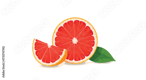 Fresh grapefruit slices with a green leaf on a white background.