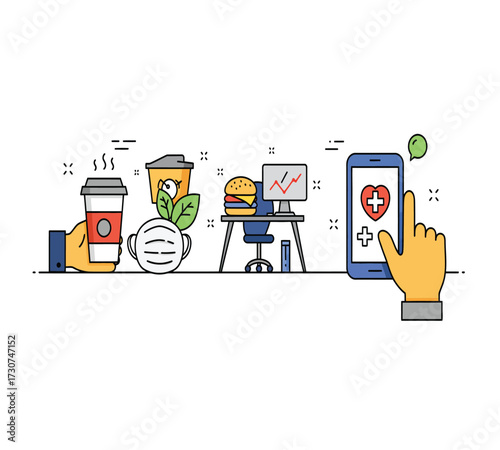 Illustration of a healthy lifestyle with a coffee cup, a red mug, a burger, a leaf, a computer, a trash can, a lamp, and a smartphone concept of balance and wellbeing