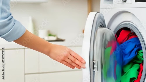Woman puts colorful laundry into washing machine in bright kitchen setting during daytime