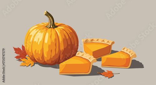 A whole pumpkin and three slices of pumpkin pie sit on a plain surface with a few autumn leaves.